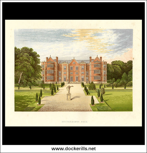 Burton Agnes Hall, Near Burlington, Yorkshire, England. Antique Print, Chromoxylograph 1880.