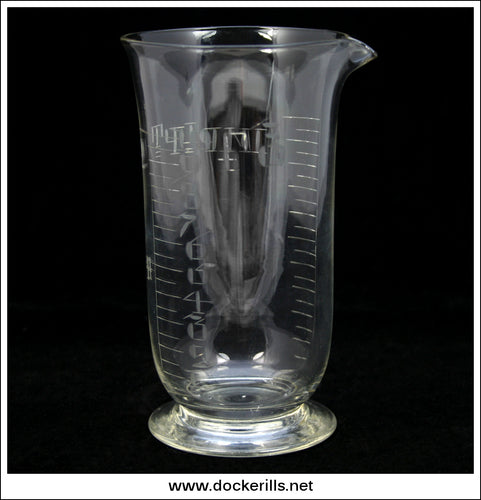 Victorian / Antique Hand Blown & Engraved Flask Shaped Graduated Glass Apothecary Measure. - 6 3/4 Inches High.