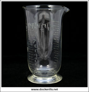 Victorian / Antique Hand Blown & Engraved Flask Shaped Graduated Glass Apothecary Measure. - 6 3/4 Inches High.