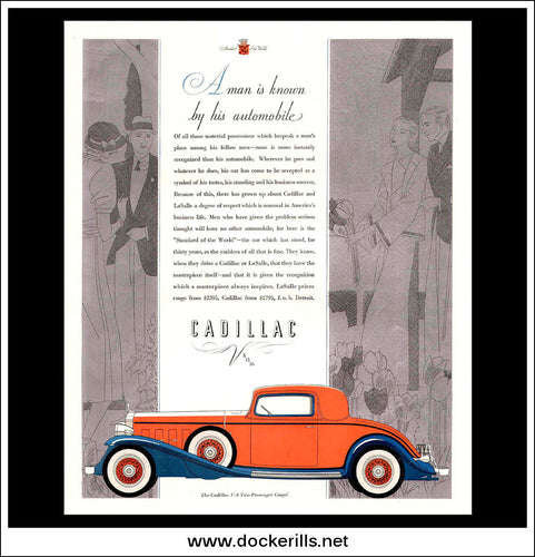 Cadillac V-8 Two Passenger Coupe. Original Vintage Art Deco Advert, 1932. Robert Fawcett.