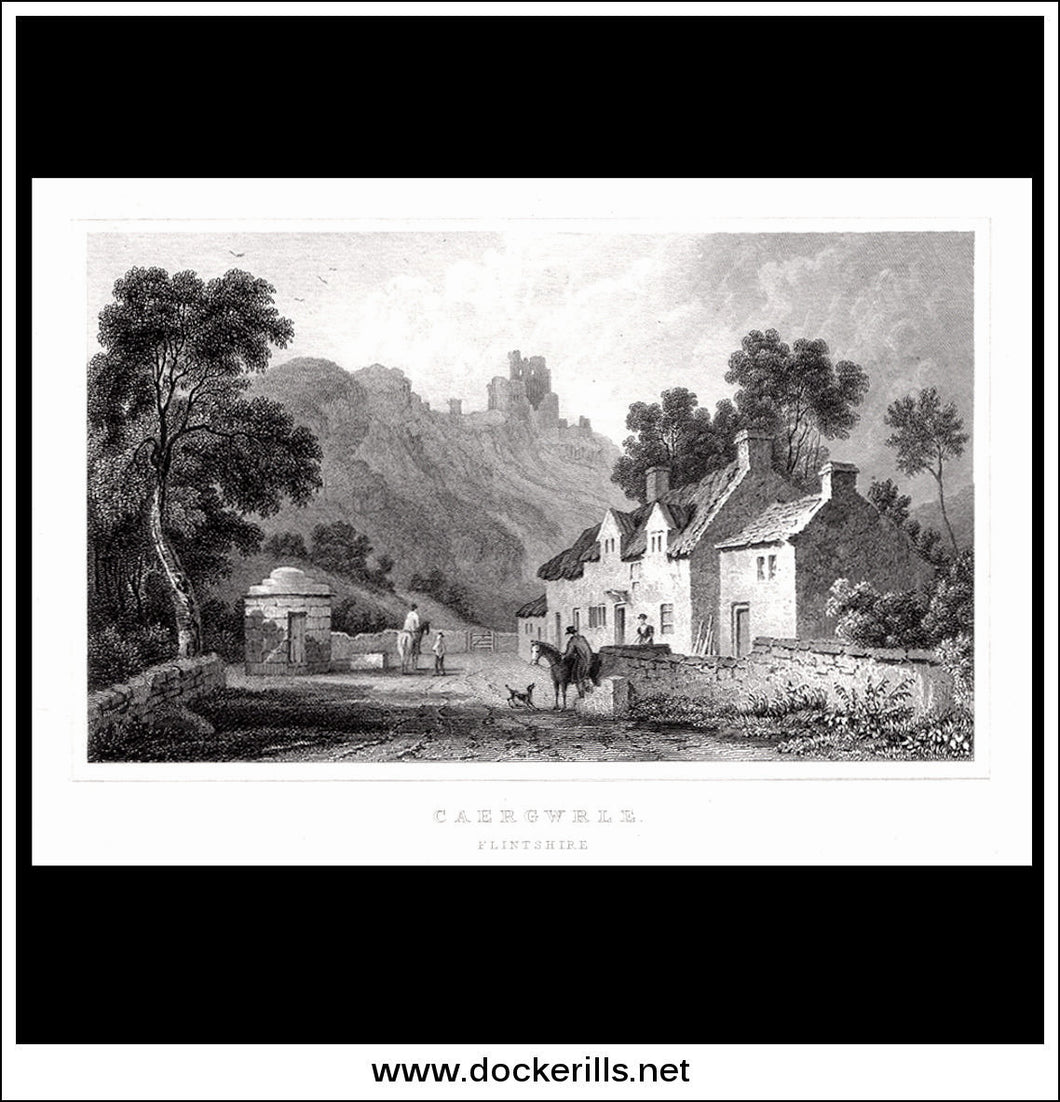 Caergwrle, Flintshire, Wales. Antique Print, Steel Engraving c. 1830.