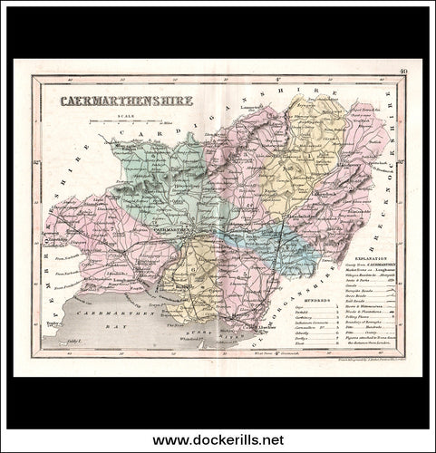 Map Of Caermarthenshire, Wales. Antique Print, Steel Engraving c. 1846.