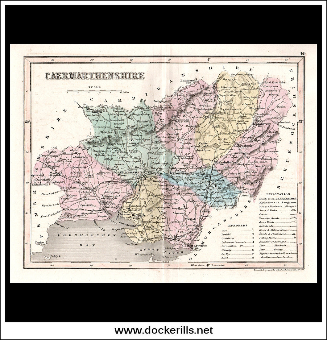 Map Of Caermarthenshire, Wales. Antique Print, Steel Engraving c. 1846.