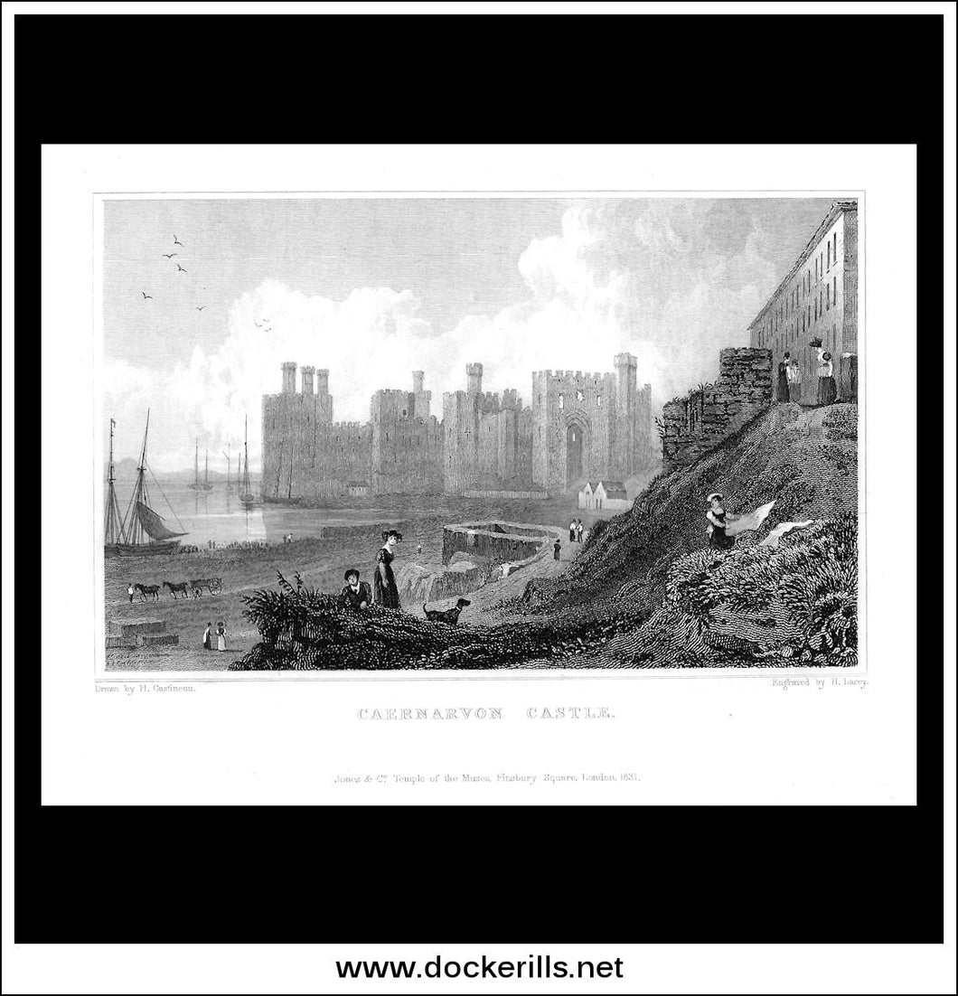 Caernarvon Castle, Caernarvonshire, Wales. Antique Print, Steel Engraving c. 1830.