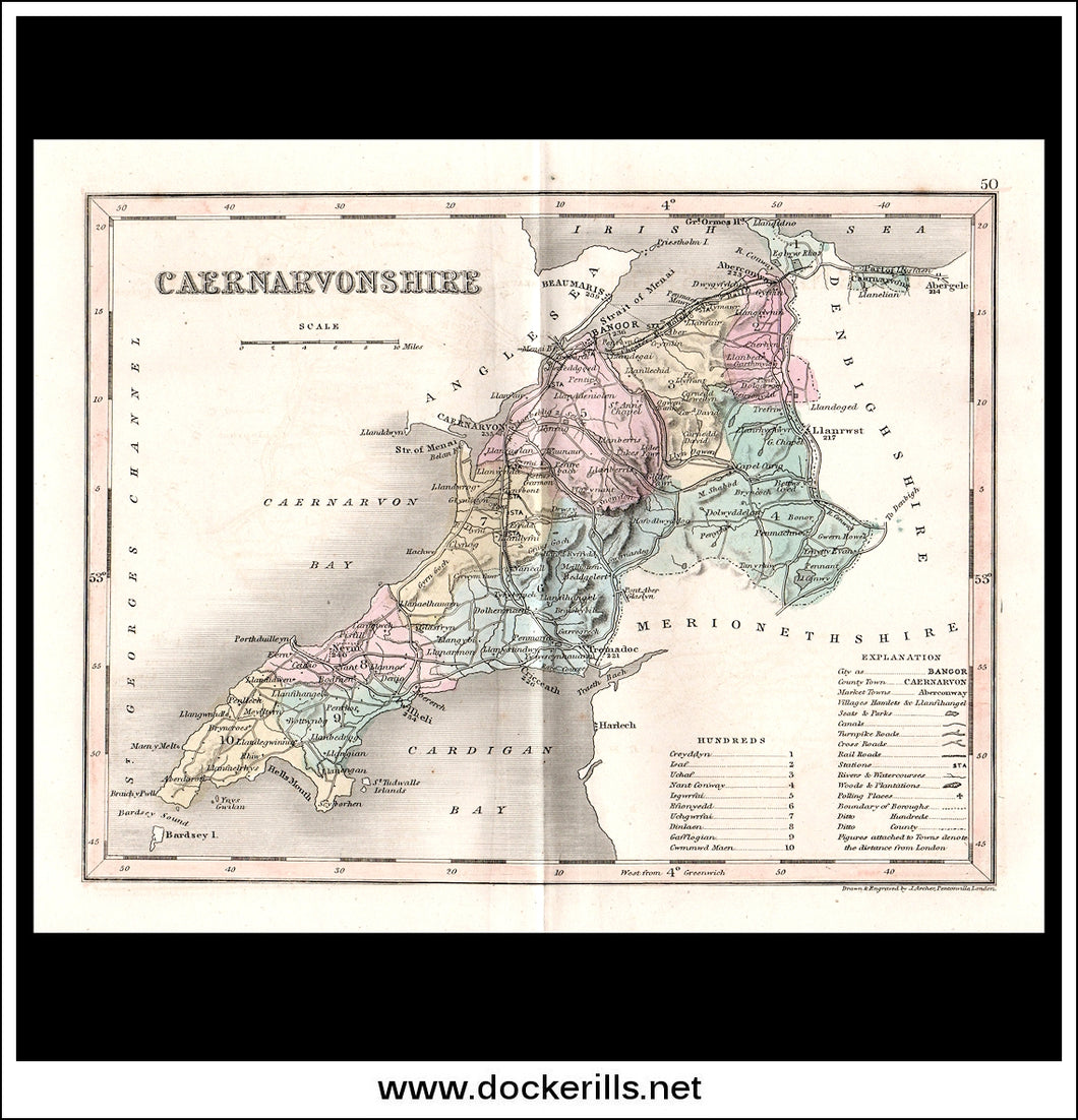 Map Of Caernarvonshire, Caernarvonshire, Wales. Antique Print, Steel Engraving c. 1846.
