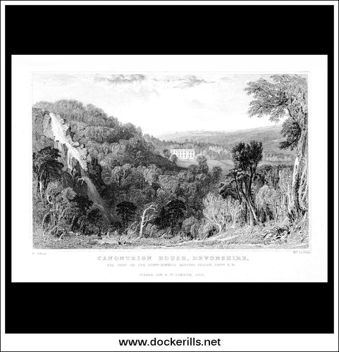 Canonteign House, Devonshire, England. Antique Print, Steel Engraving 1832.