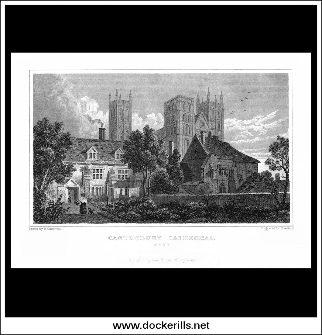 Canterbury Cathedral, Kent, England. Antique Print, Steel Engraving c. 1830.