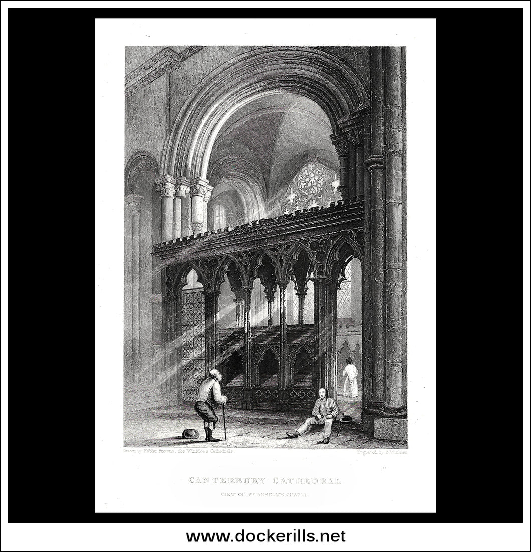 Canterbury Cathedral, View Of St. Anselm's Chapel, Kent, England. Antique Print, Steel Engraving c. 1840.