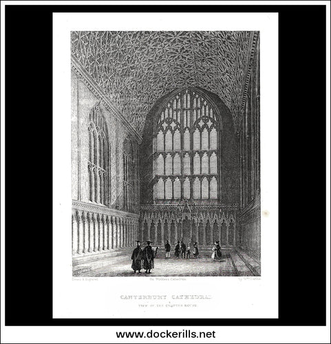 Canterbury Cathedral, View Of The Chapter House, Kent, England. Antique Print, Steel Engraving c. 1840.