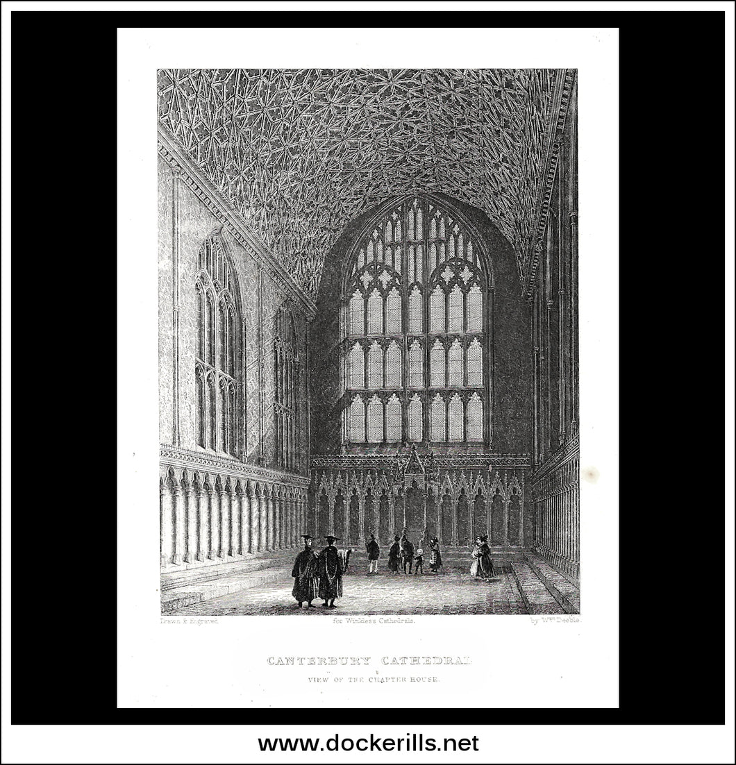 Canterbury Cathedral, View Of The Chapter House, Kent, England. Antique Print, Steel Engraving c. 1840.
