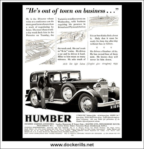 Humber 16/60 h.p. 6 Six Light Saloon. Original Vintage Advert From March 15th, 1933.