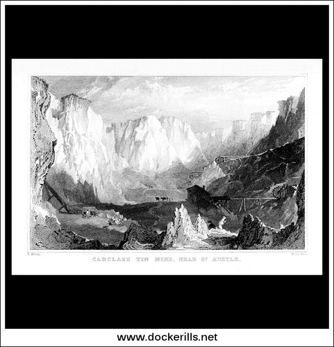 Antique Print Carclaze Tin Mine, Near St. Austel, Cornwall, England. Steel Engraving c. 1830.