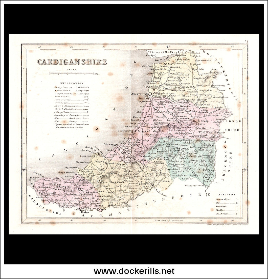 Map Of Cardiganshire, Wales. Antique Print, Steel Engraving c. 1846.