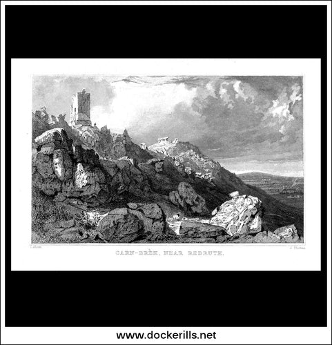 Antique Print Carn-Breh, Near Redruth, Cornwall, England. Steel Engraving c. 1830.
