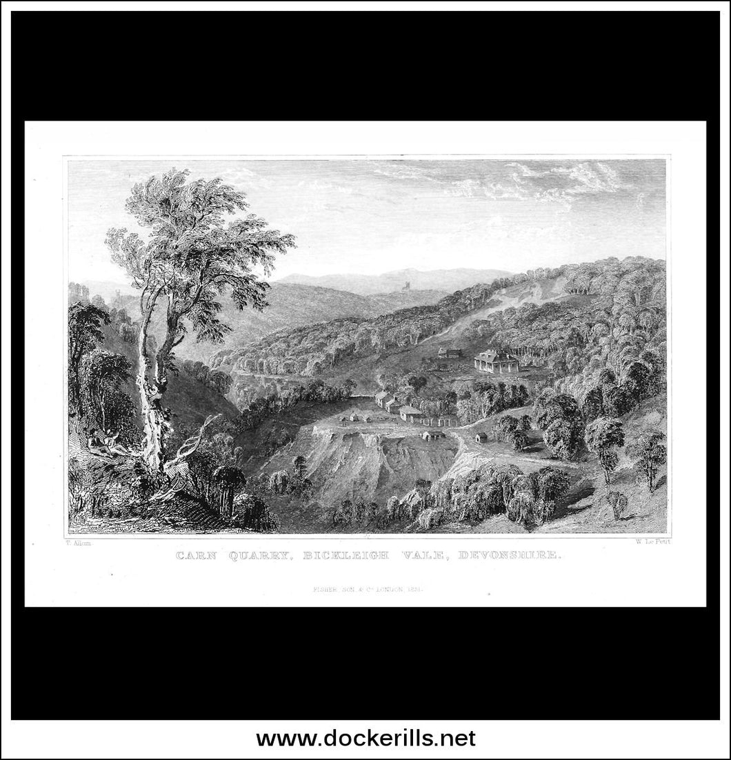 Carn Quarry, Brickleigh,  Devonshire, England. Antique Print, Steel Engraving 1831.
