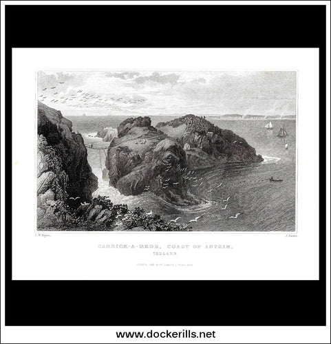 Carrick-A-Rede, Coast Of Antrim, Co. Antrim, Northern Ireland. Antique Print, Steel Engraving 1844.