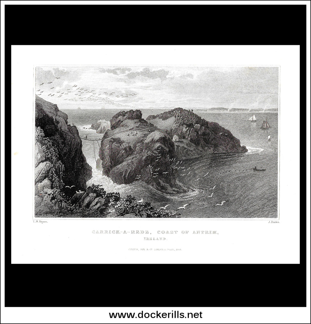 Carrick-A-Rede, Coast Of Antrim, Co. Antrim, Northern Ireland. Antique Print, Steel Engraving 1844.