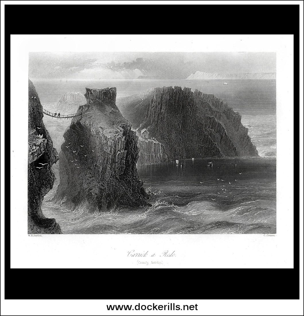 Carrick A Rede, Co. Antrim, Northern Ireland. Antique Print, Steel Engraving c. 1840.