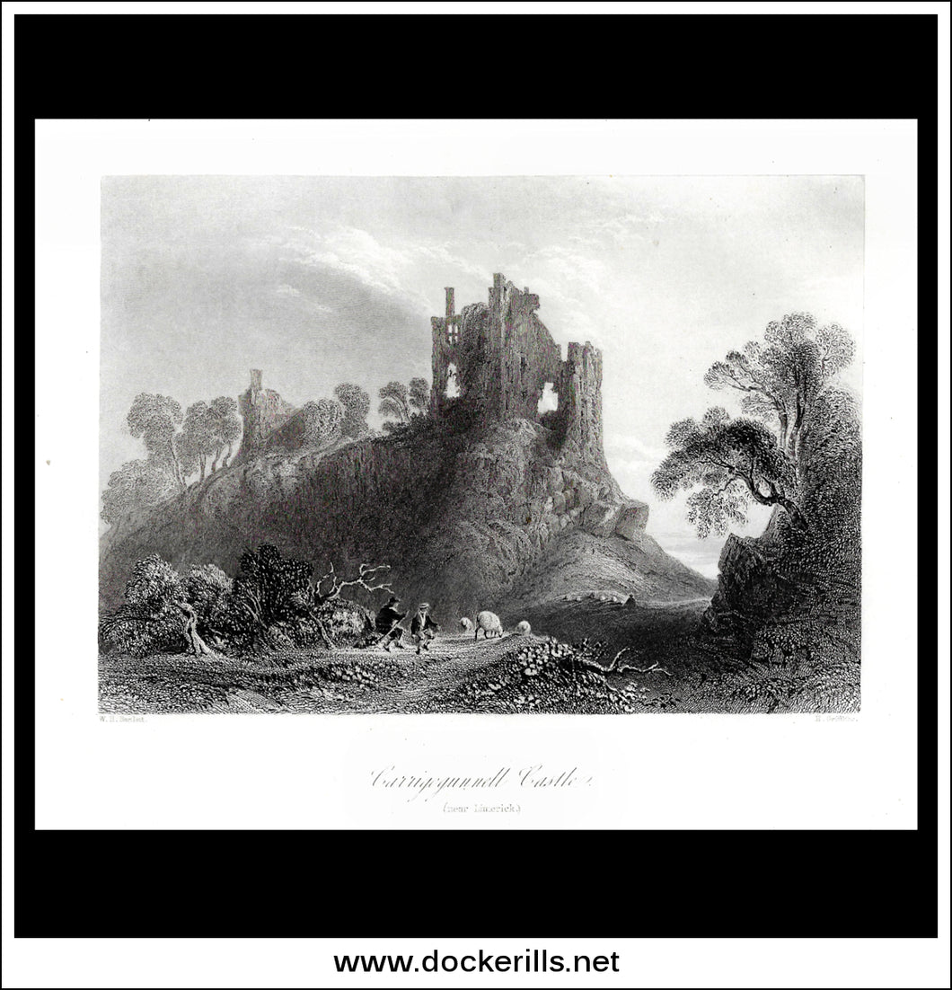 Carrigogunnell Castle (Near Limerick), Co. Limerick, Ireland. Antique Print, Steel Engraving c. 1840.