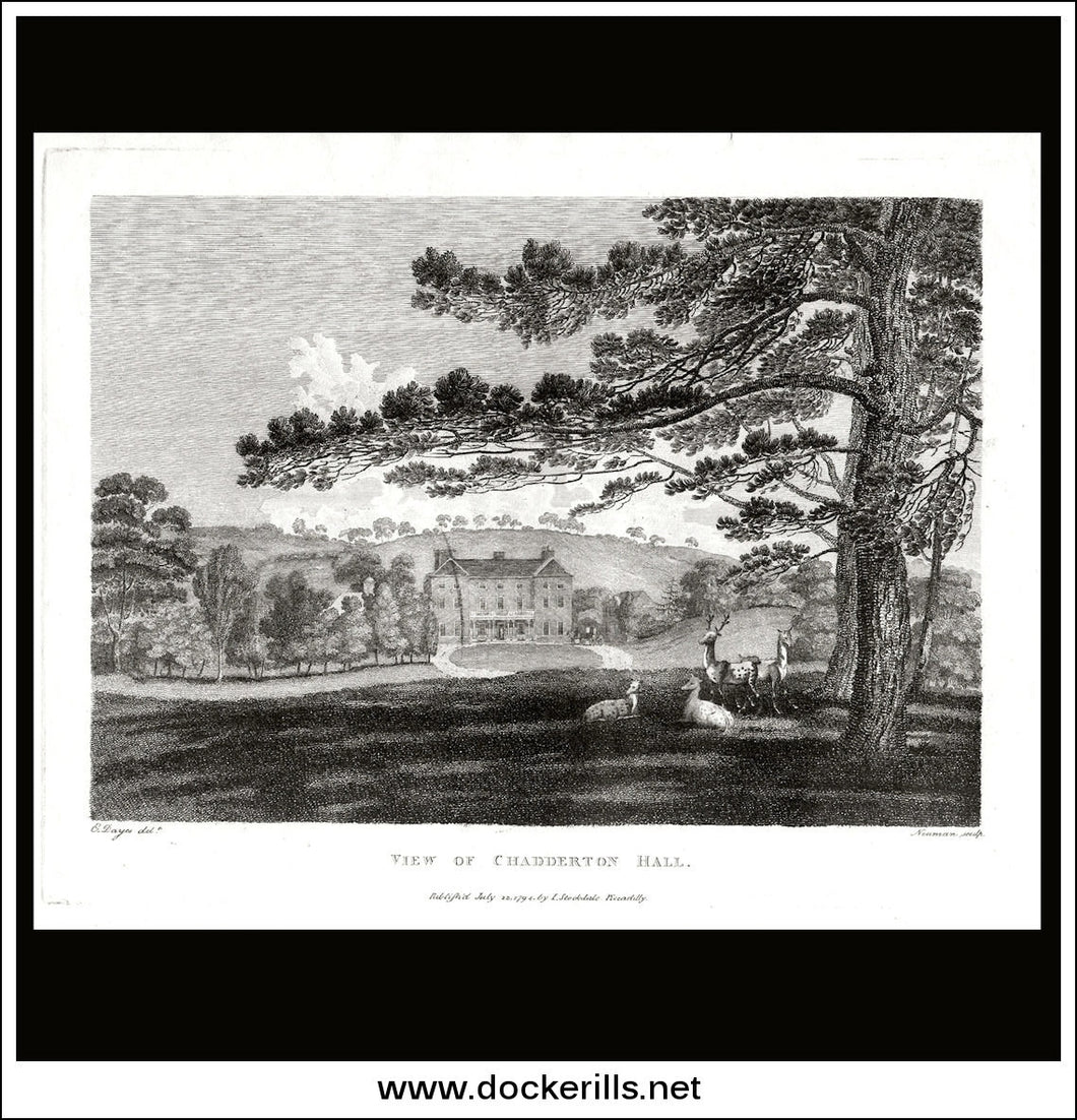 View Of Chadderton Hall, Cheshire, England. Antique Print, Copper Plate Engraving 1794.
