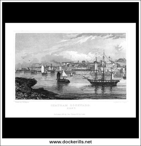 Chatham Dockyard, Kent, England. Antique Print, Steel Engraving 1831.
