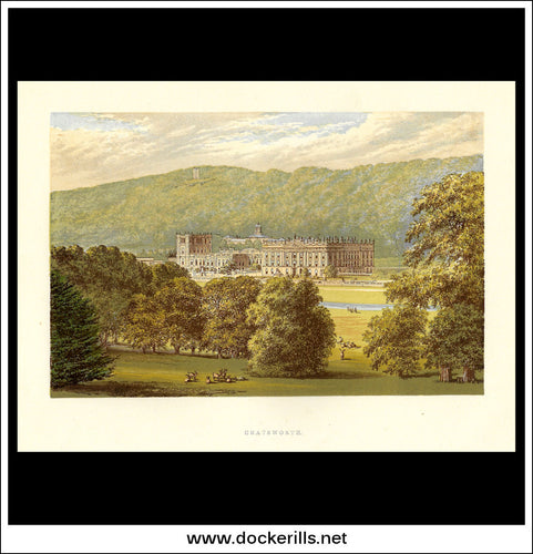 Chatsworth, Near Bakewell, Derbyshire, England. Antique Print, Chromoxylograph 1880.