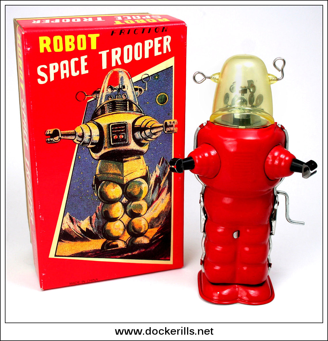 Space Trooper Robot. Recent Tin Plate Novelty Toy, China. Yoshiya, Japan  Robot Copy.