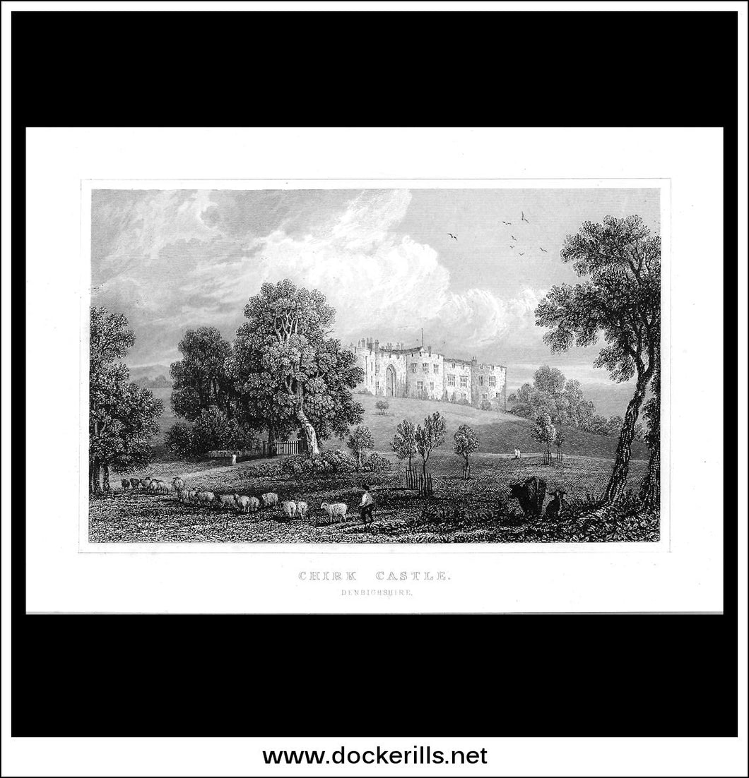 Antique Print Chirk Castle, Denbighshire, Wales. Steel Engraving c. 1830.