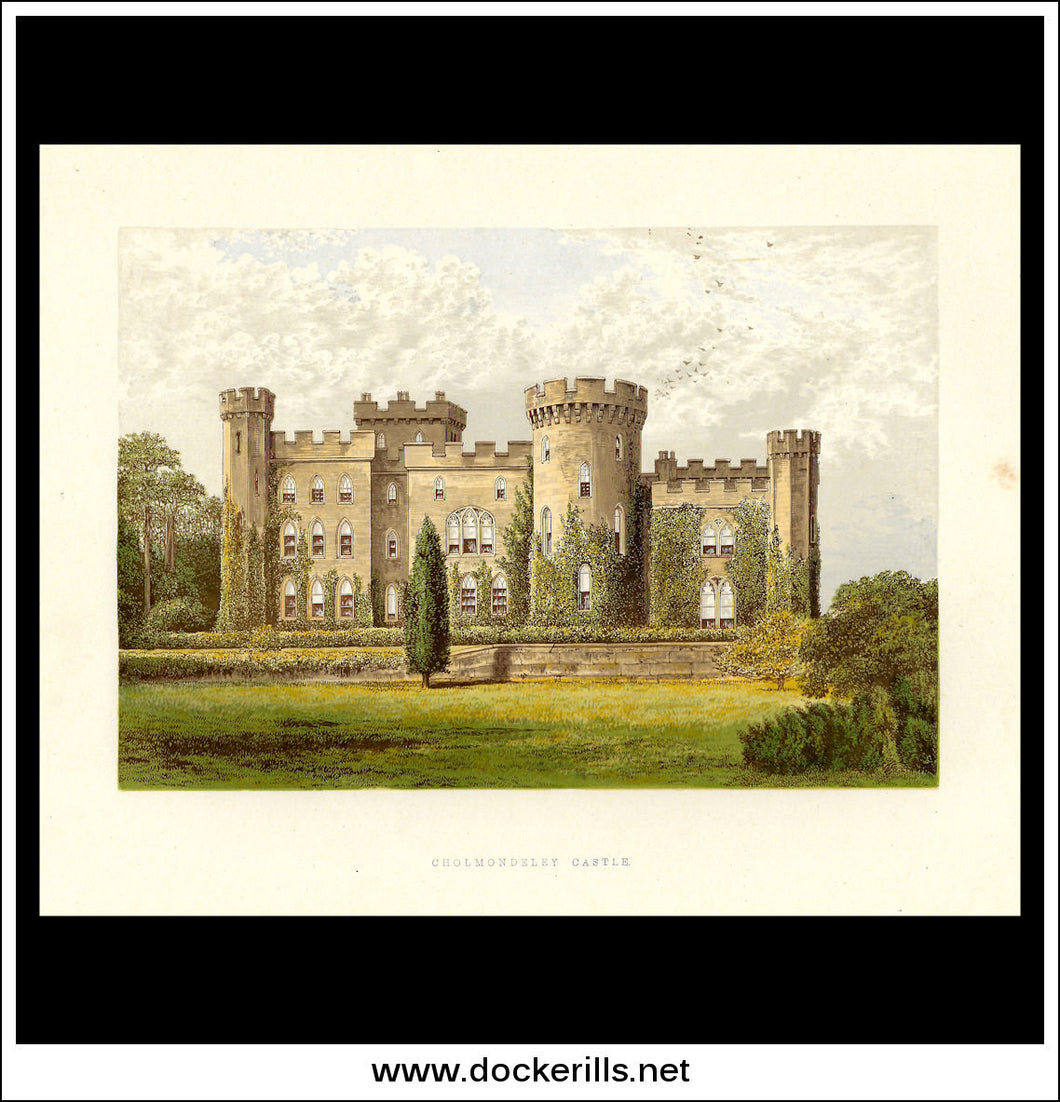 Cholmondeley Castle, Near Malpas, Cheshire, England. Antique Print, Chromoxylograph 1880.