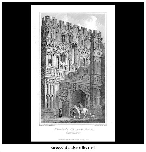 Christ's Church Gate, Canterbury, Kent, England. Antique Print, Steel Engraving 1830.