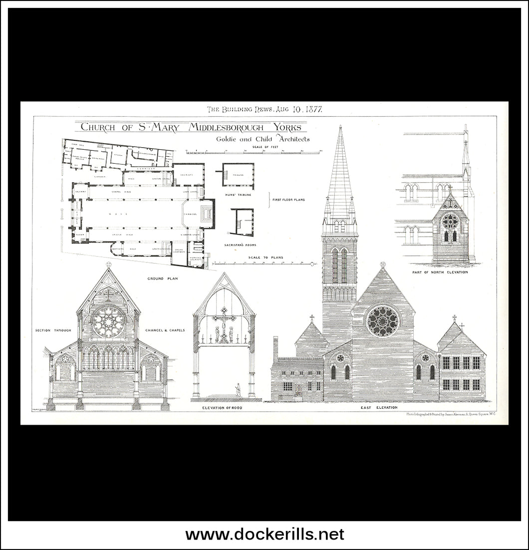 Church Of St. Mary, Middlesborough, Yorkshire - The Building News. Antique Print, Lithograph 1877. [2]