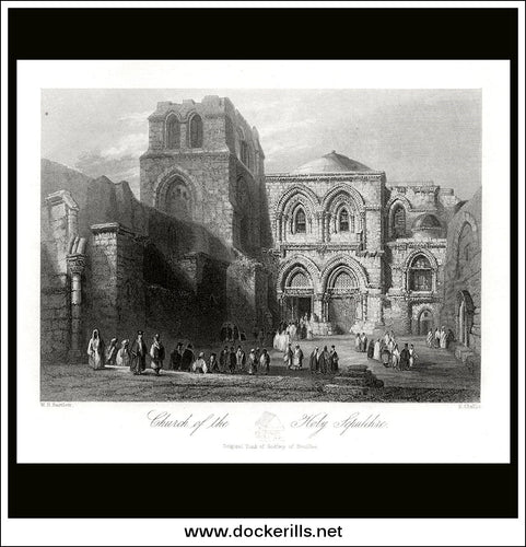Church Of The Holy Sepulchre, Jerusalem, Israel. Antique Print, Steel Engraving c. 1840.