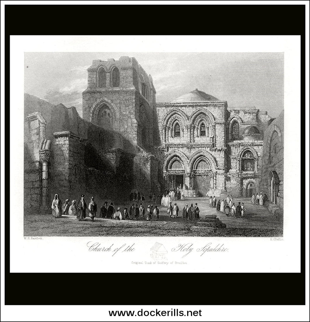 Church Of The Holy Sepulchre, Jerusalem, Israel. Antique Print, Steel Engraving c. 1840.