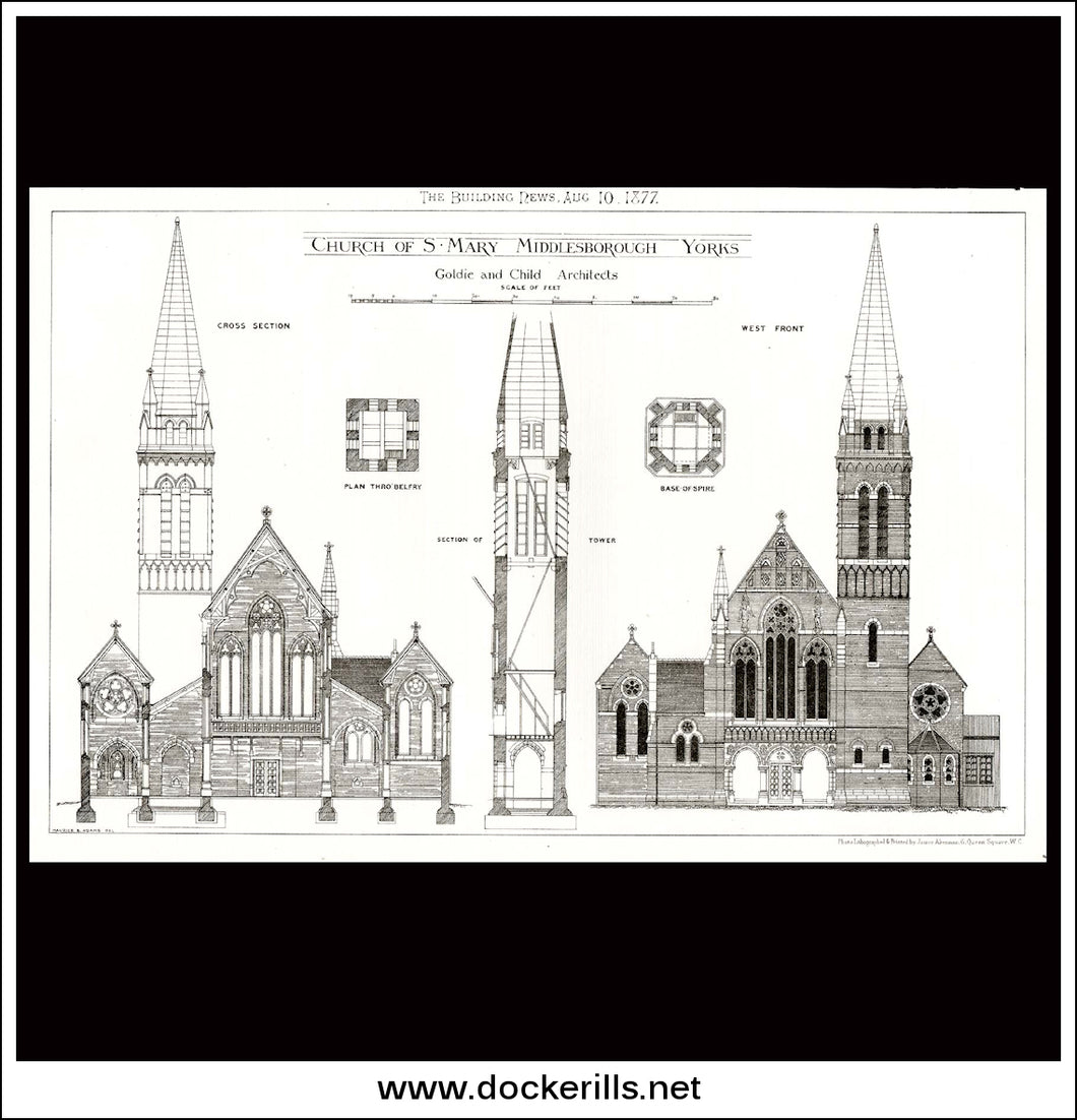 Church Of St. Mary, Middlesborough, Yorkshire - The Building News. Antique Print, Lithograph 1877.