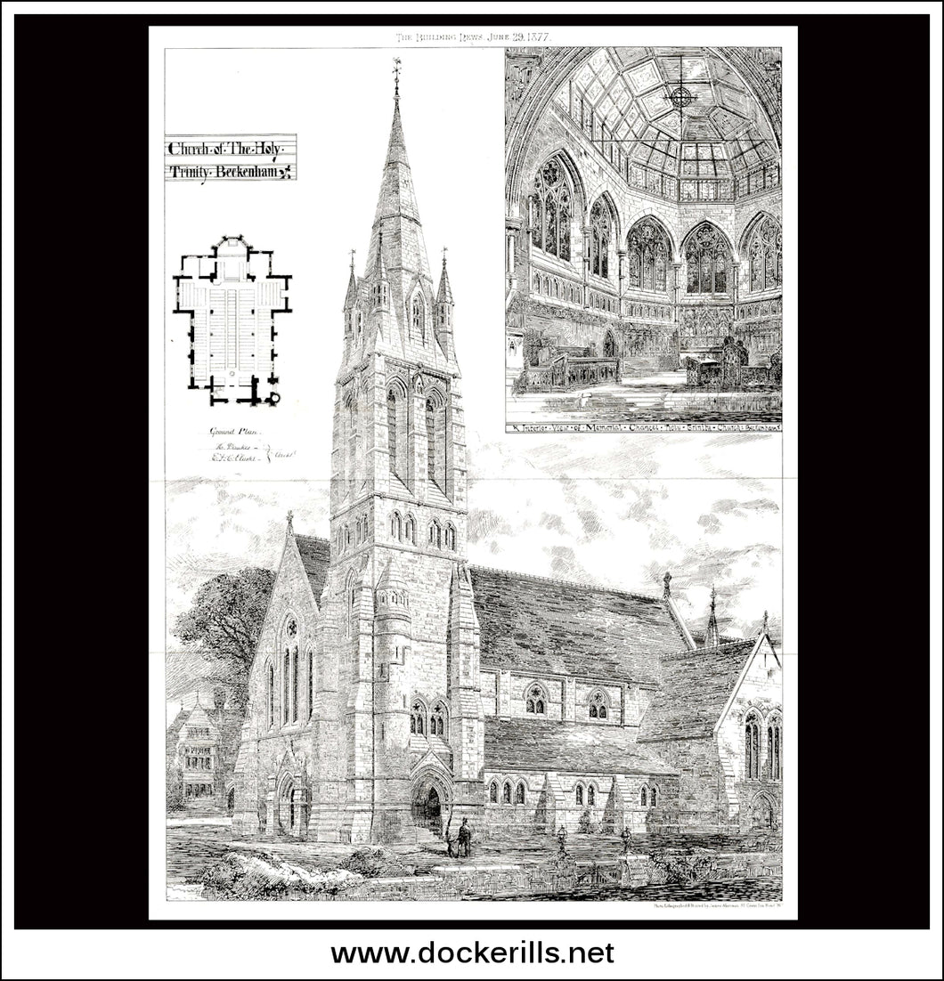 Church Of The Holy Trinity, Beckenham, Kent - The Building News. Antique Print, Lithograph 1877.