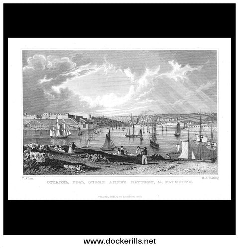 Citadel, Pool, Queen Anne's Battery, & c. Plymouth, Devonshire, England. Antique Print, Steel Engraving 1830.