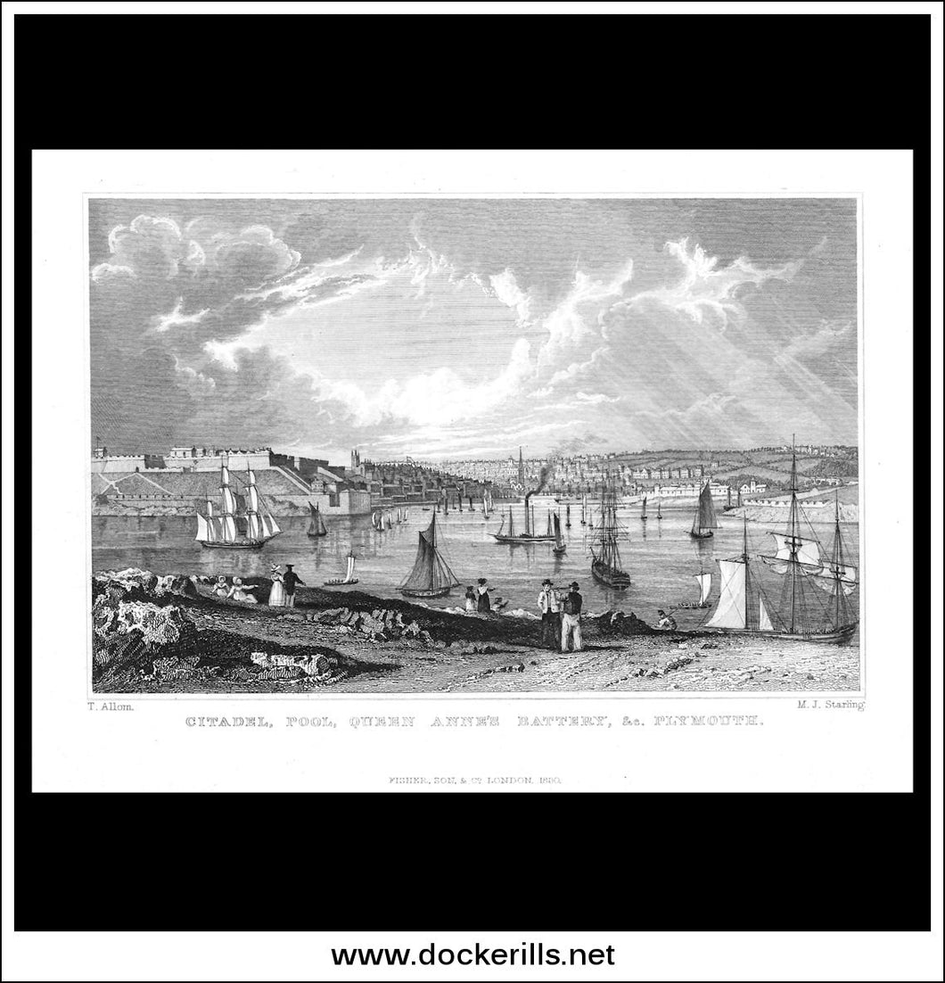 Citadel, Pool, Queen Anne's Battery, & c. Plymouth, Devonshire, England. Antique Print, Steel Engraving 1830.