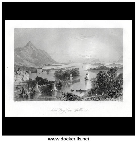 Clew Bay From Westport, Co. Mayo, Ireland. Antique Print, Steel Engraving c. 1840.