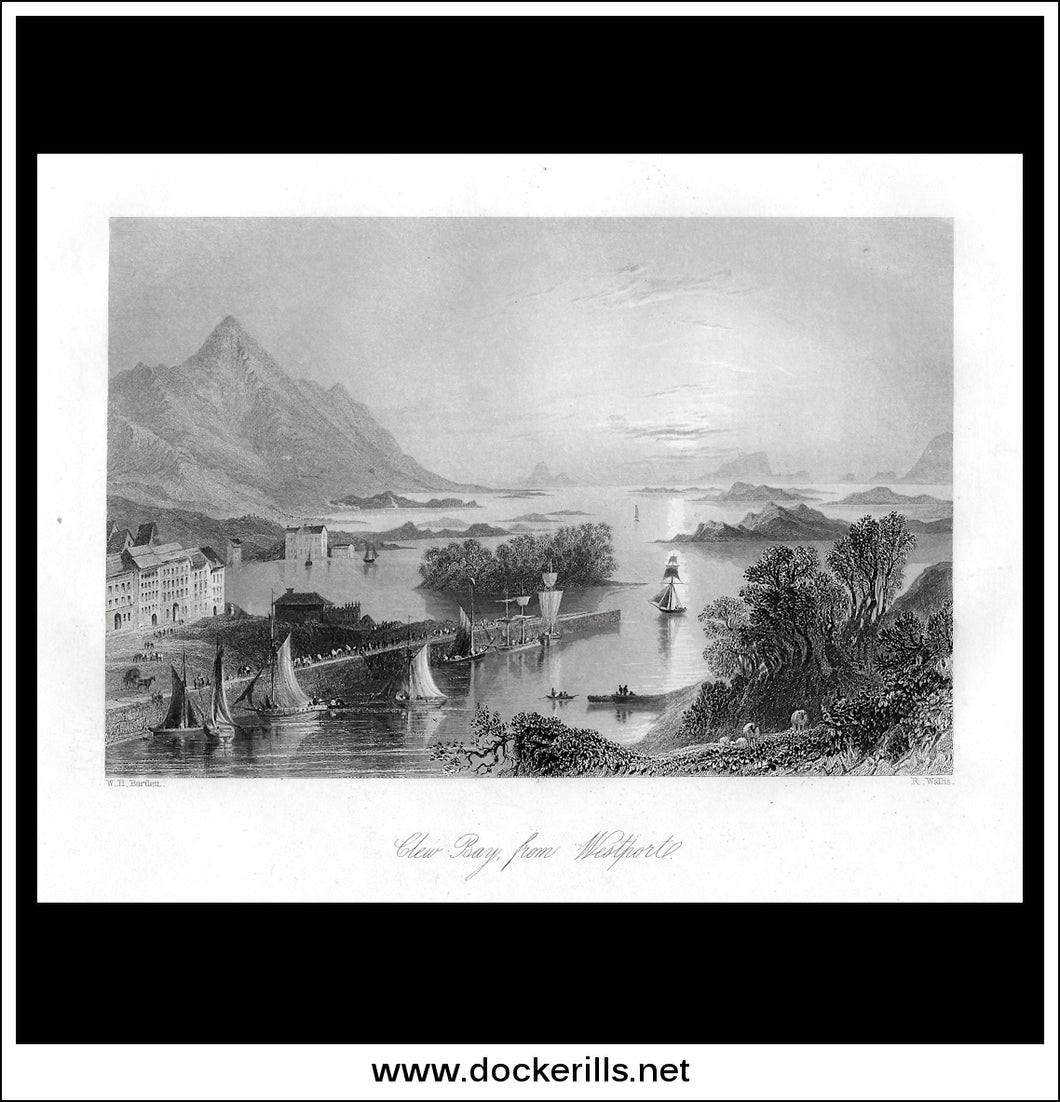 Clew Bay From Westport, Co. Mayo, Ireland. Antique Print, Steel Engraving c. 1840.