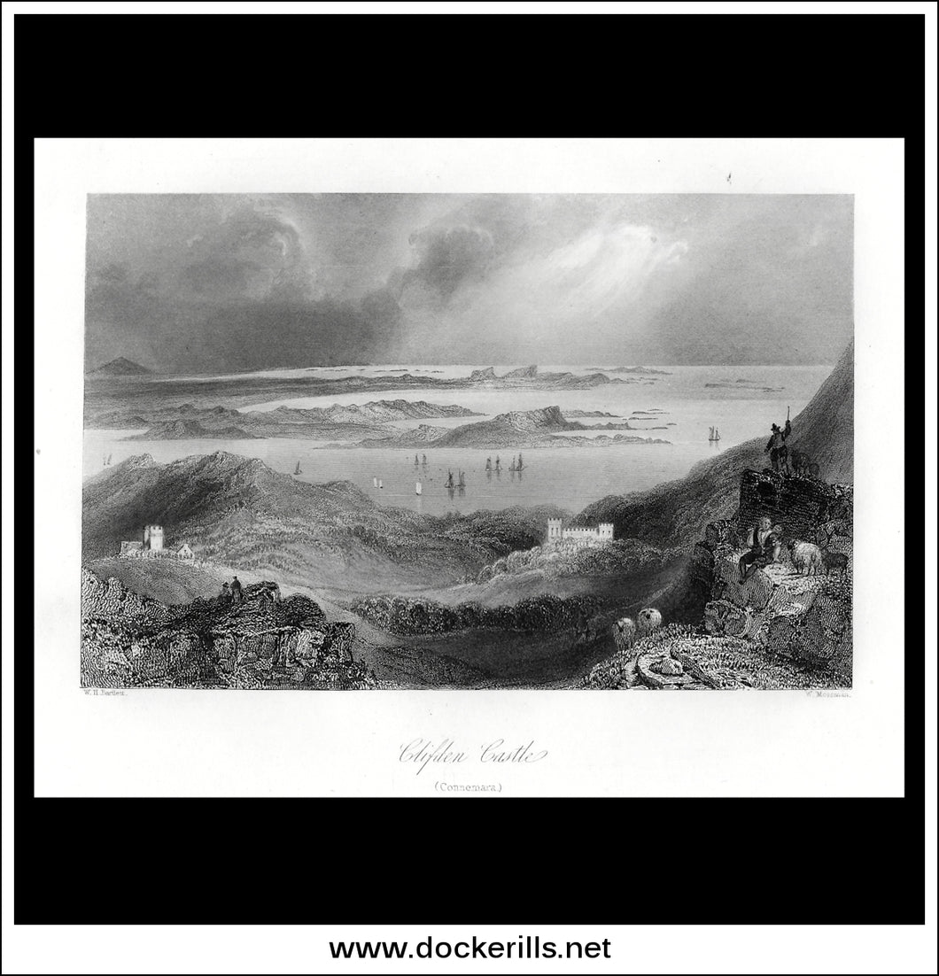 Clifton Castle, Connemara, Co. Galway, Ireland. Antique Print, Steel Engraving c. 1840.