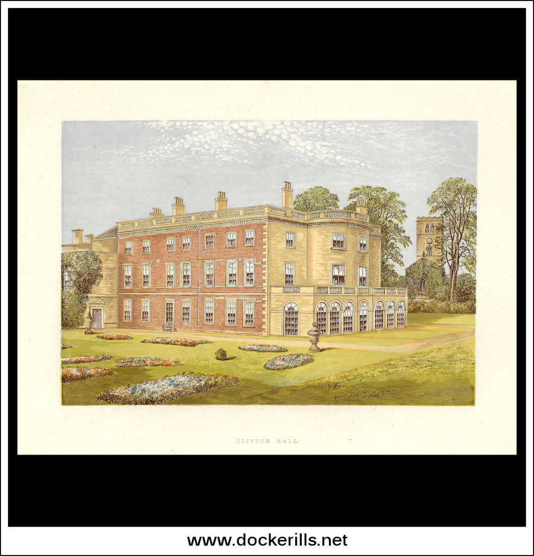 Clifton Hall, Near Nottingham, Nottinghamshire, England. Antique Print, Chromoxylograph 1880.