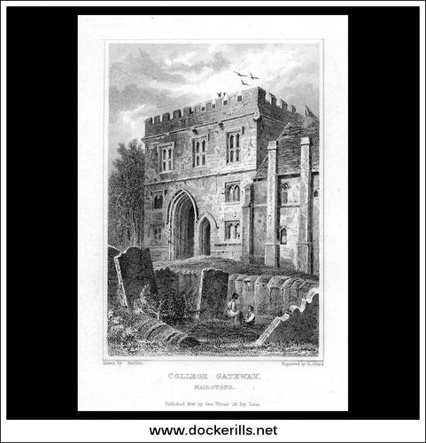 College Gateway, Maidstone, Kent, England. Antique Print, Steel Engraving 1830.
