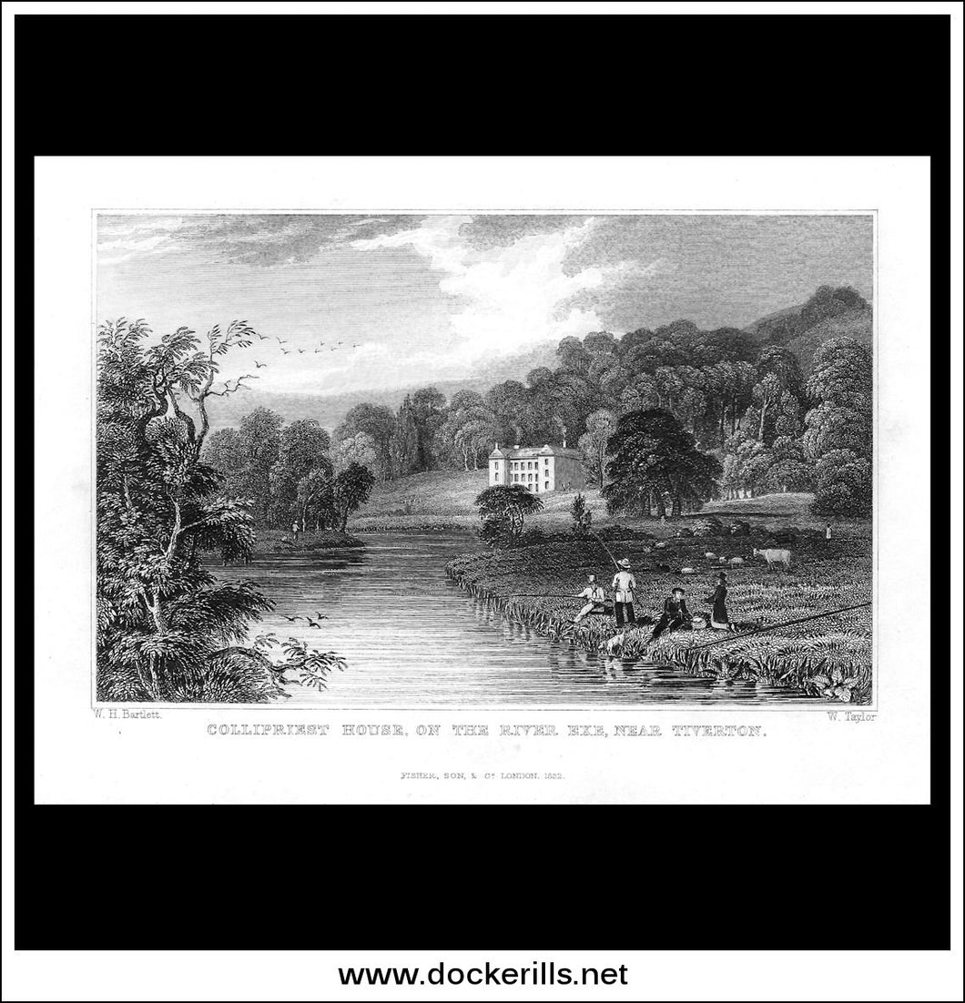 Collipriest House, On The River Exe, Devonshire, England. Antique Print, Steel Engraving 1832.