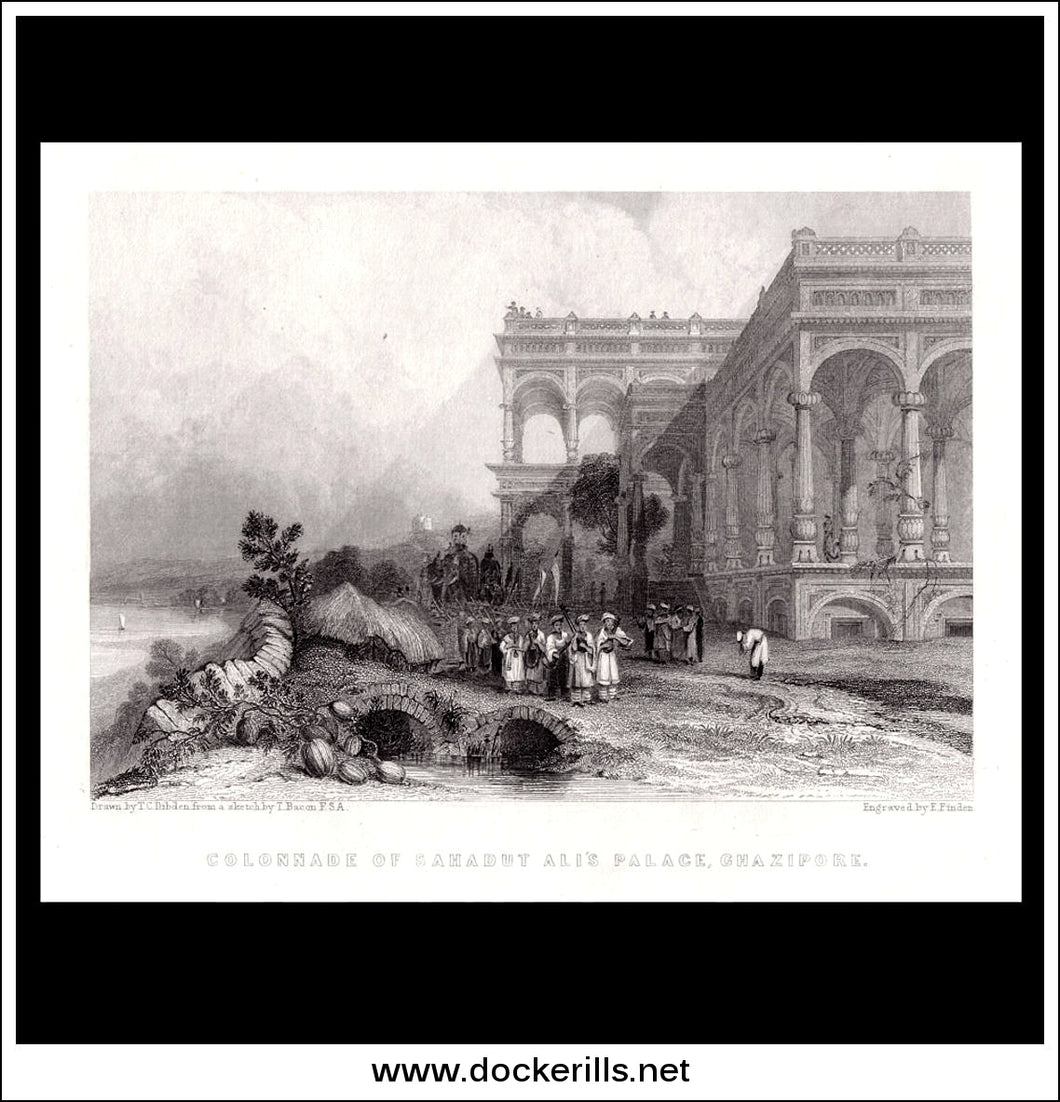 Colonade At Sahadut Ali's Palace, Ghazipore, India. Antique Print, Steel Engraving 1840.