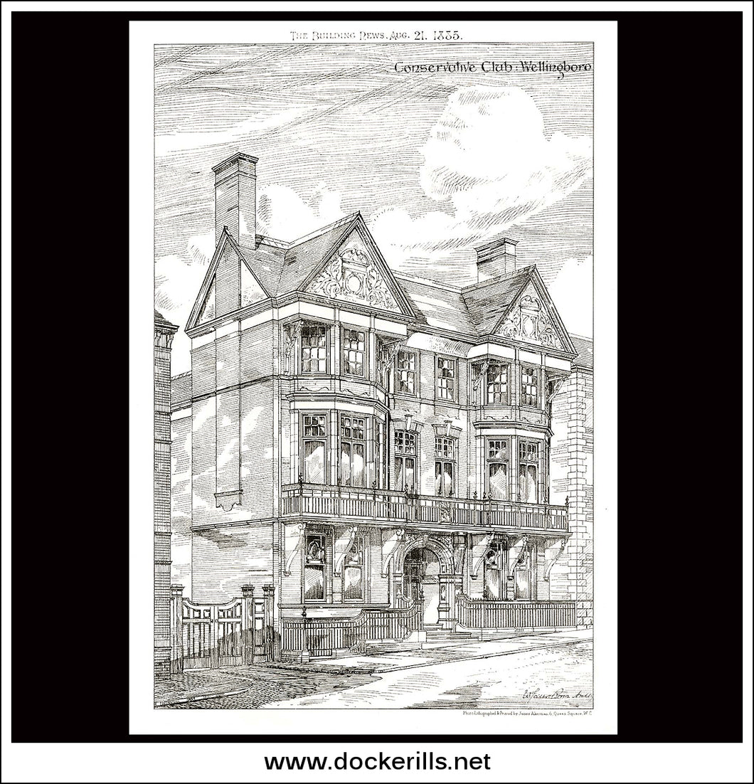 Conservative Club Wellingboro - The Building News. Antique Print, Lithograph 1885.