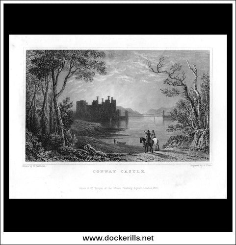 Conway Castle, Caernarvonshire, Wales. Antique Print, Steel Engraving c. 1830.