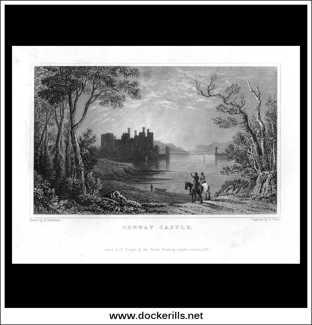 Conway Castle, Caernarvonshire, Wales. Antique Print, Steel Engraving c. 1830.