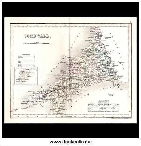 Map Of Cornwall, England. Antique Print, Steel Engraving c. 1846.