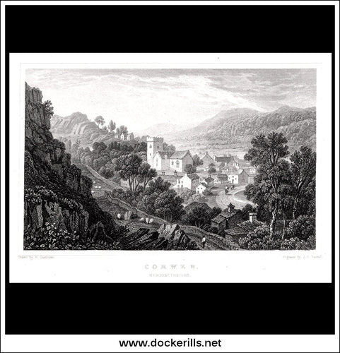 Antique Print Corwen, Merionethshire, Wales. Antique Print, Steel Engraving c. 1830.