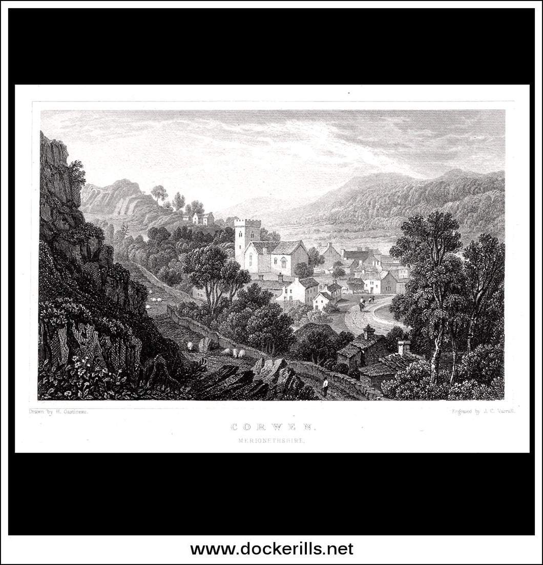 Antique Print Corwen, Merionethshire, Wales. Antique Print, Steel Engraving c. 1830.
